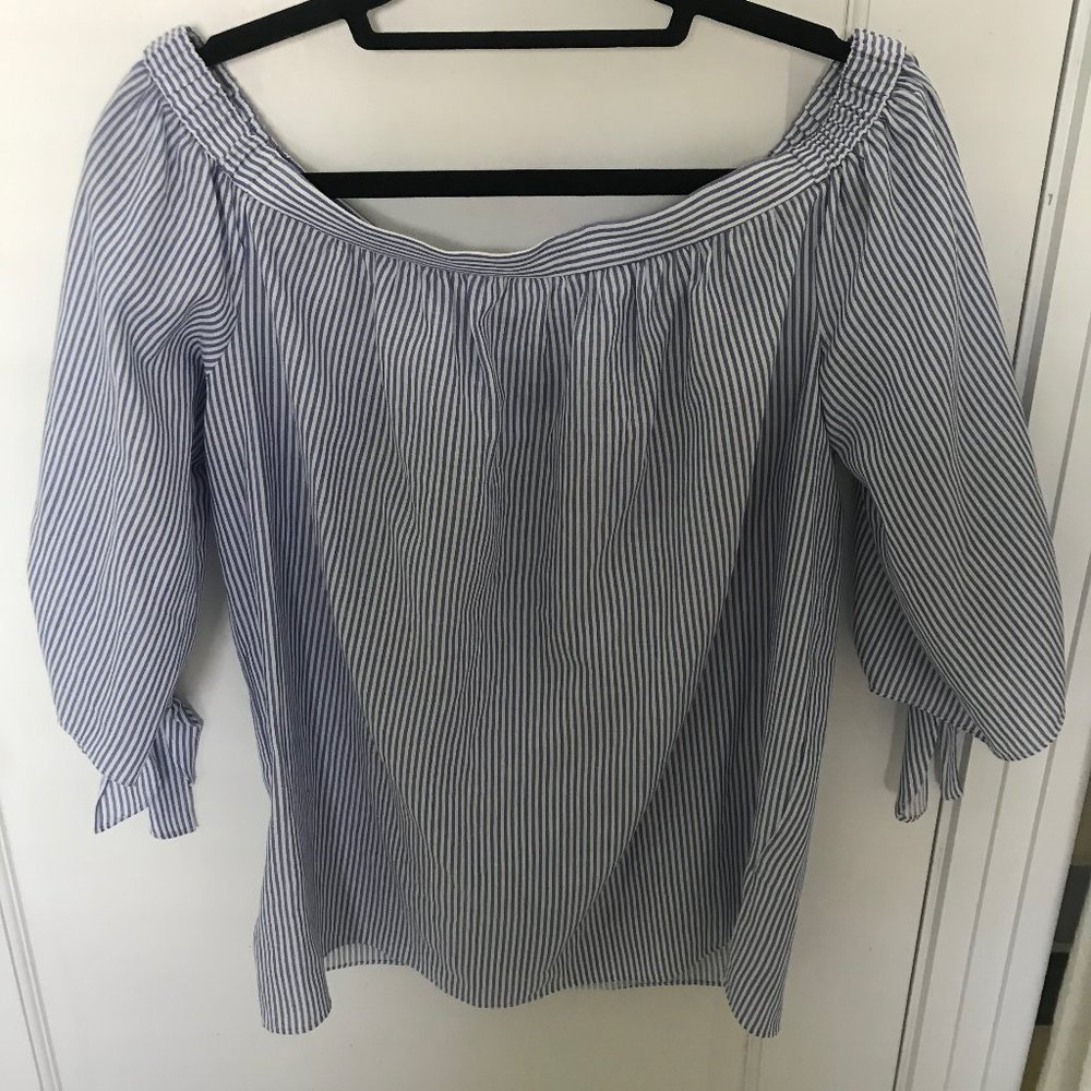 BCBG Blue & White Striped Off the Shoulder Top